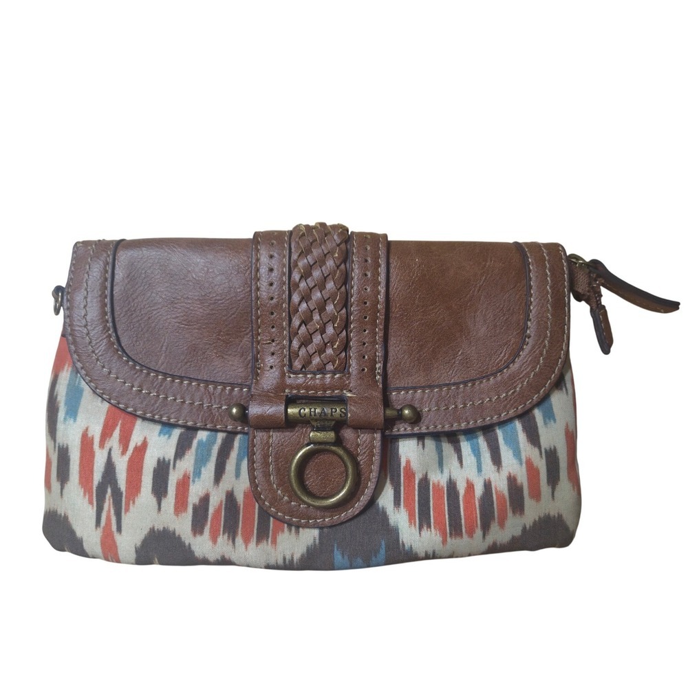Chaps Womens Brown Leather Ikat Print Clutch Wallet Clutch Bag